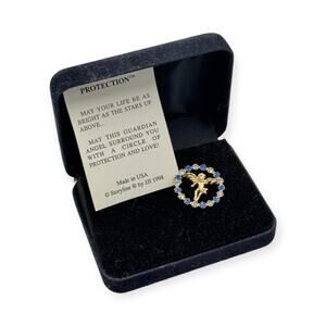 Vintage Guardian Angel Circle Of Protection Gold Tone Lapel Pin Estate Jewelry